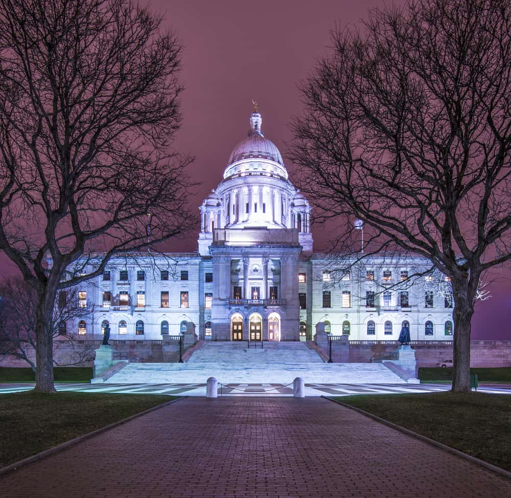 The Rhode Island State house lit up at night