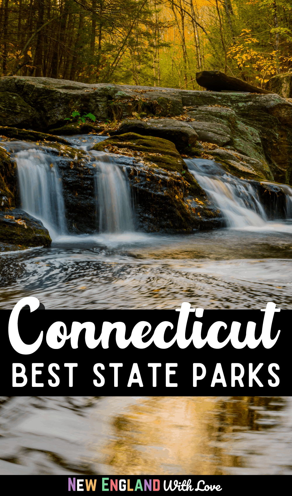 Multiple water falls coming down large rocks with Pinterest graphic reading "Connecticut Best State Parks"