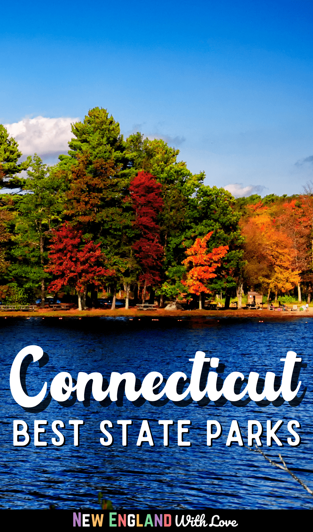 Blue water with fall trees and Pinterest graphic reading CONNECTICUT