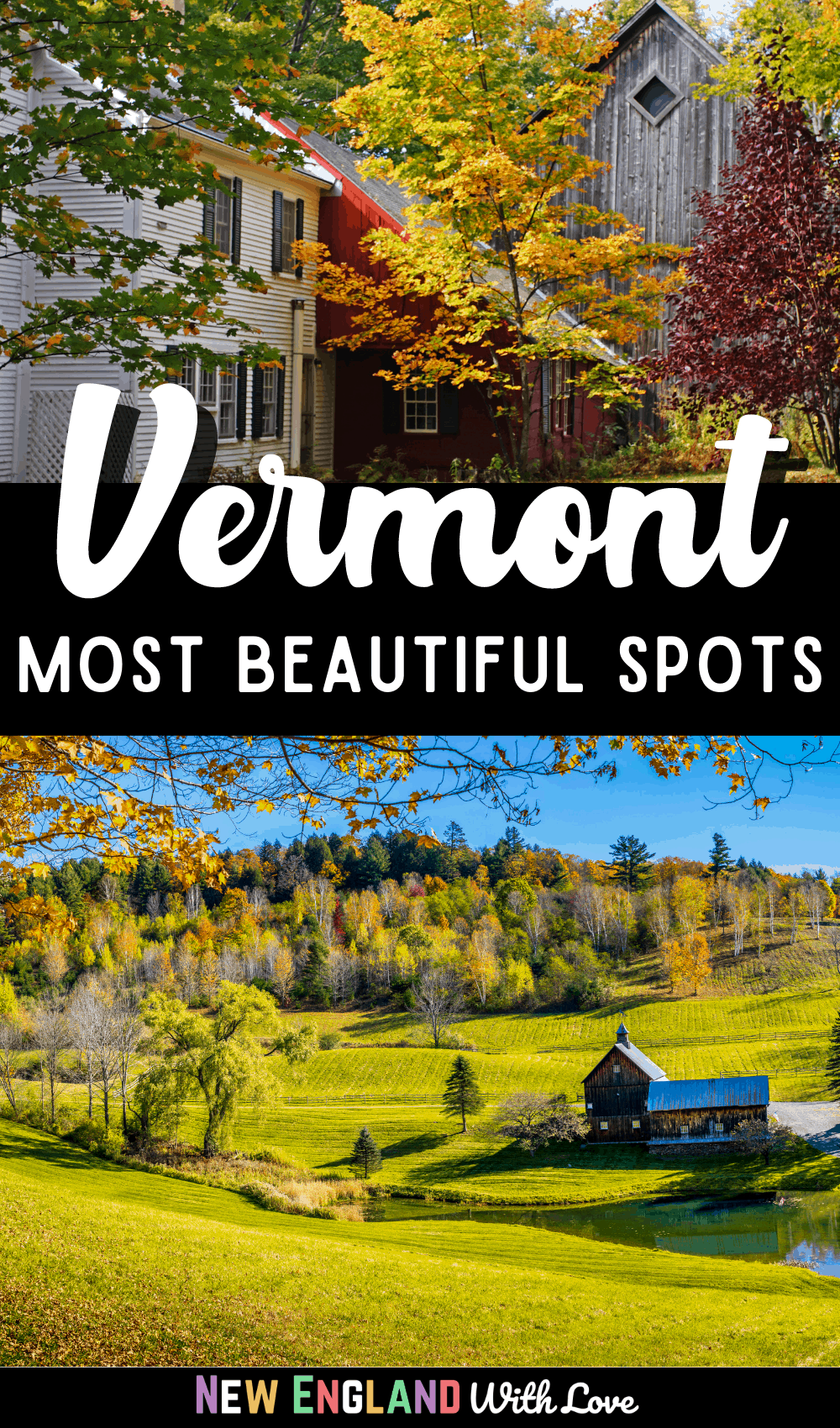 Graphic reading "Vermont Most Beautiful Spots"