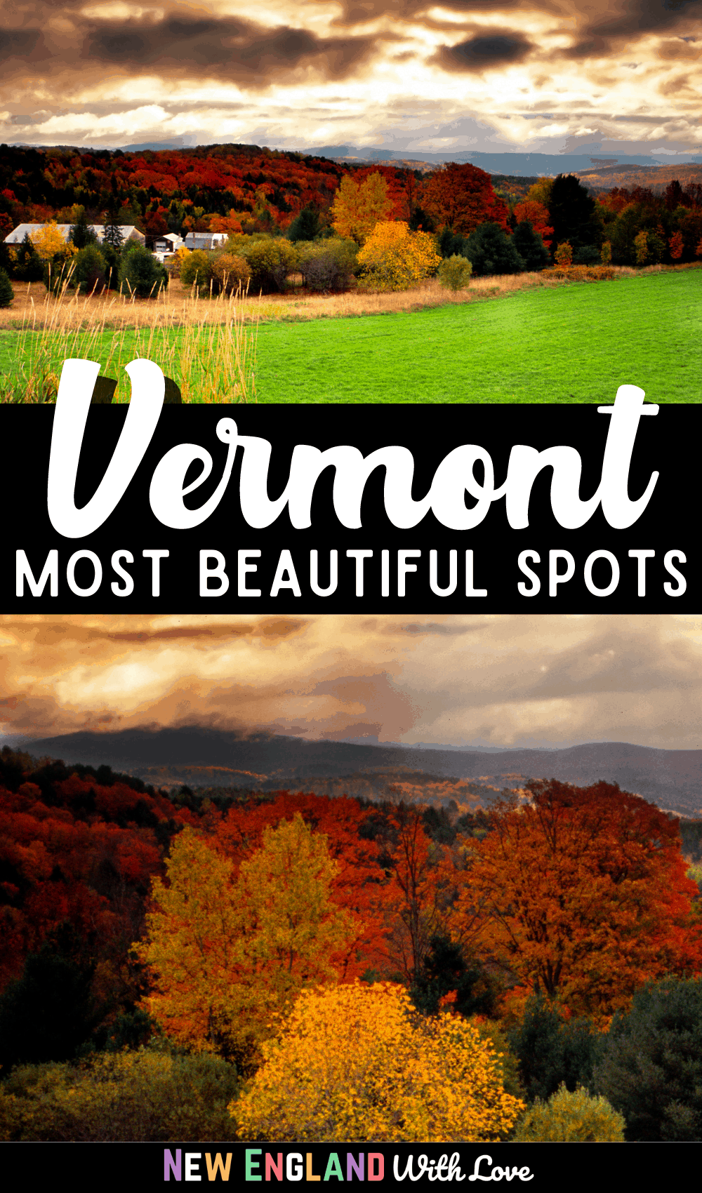 Pinterest graphic reading "Vermont Most Beautiful Spots"