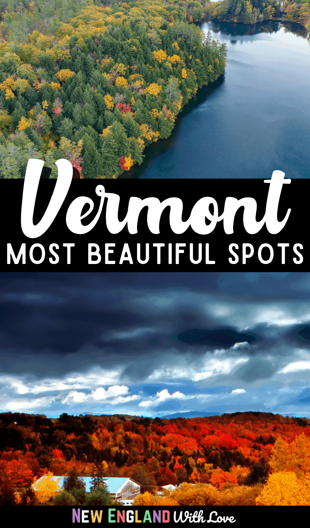 Pinterest graphic reading "Vermont Most Beautiful Spots"