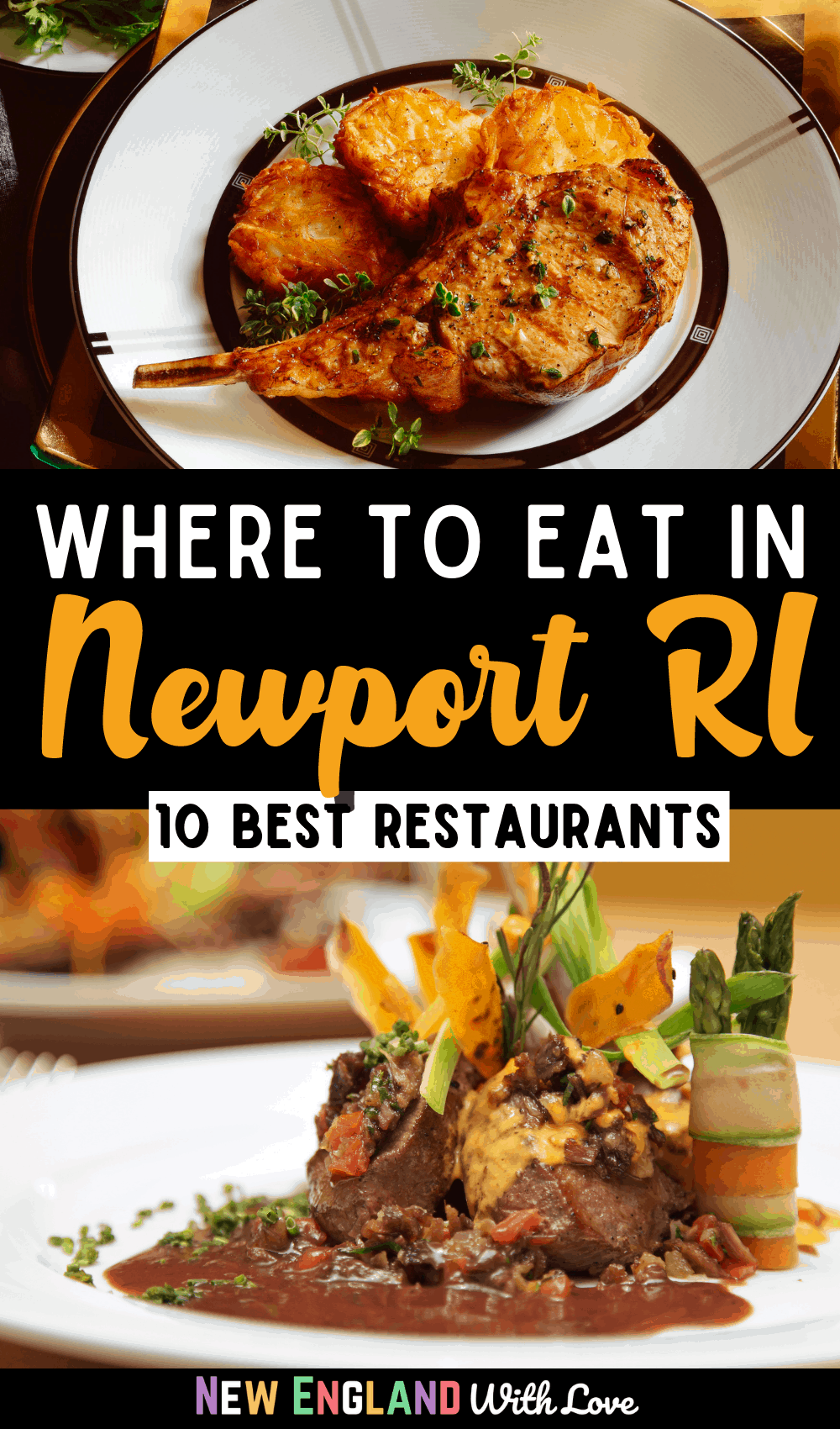 Pinterest graphic reading "WHERE TO EAT IN NEWPORT R.I. 10 Best Restaurants"