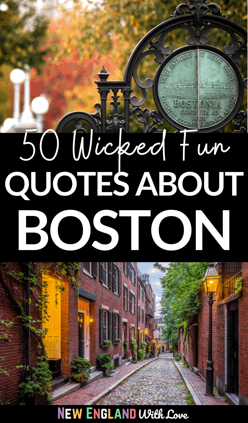 Pinterest graphic reading "50 Wicked Fun Quotes About Boston"