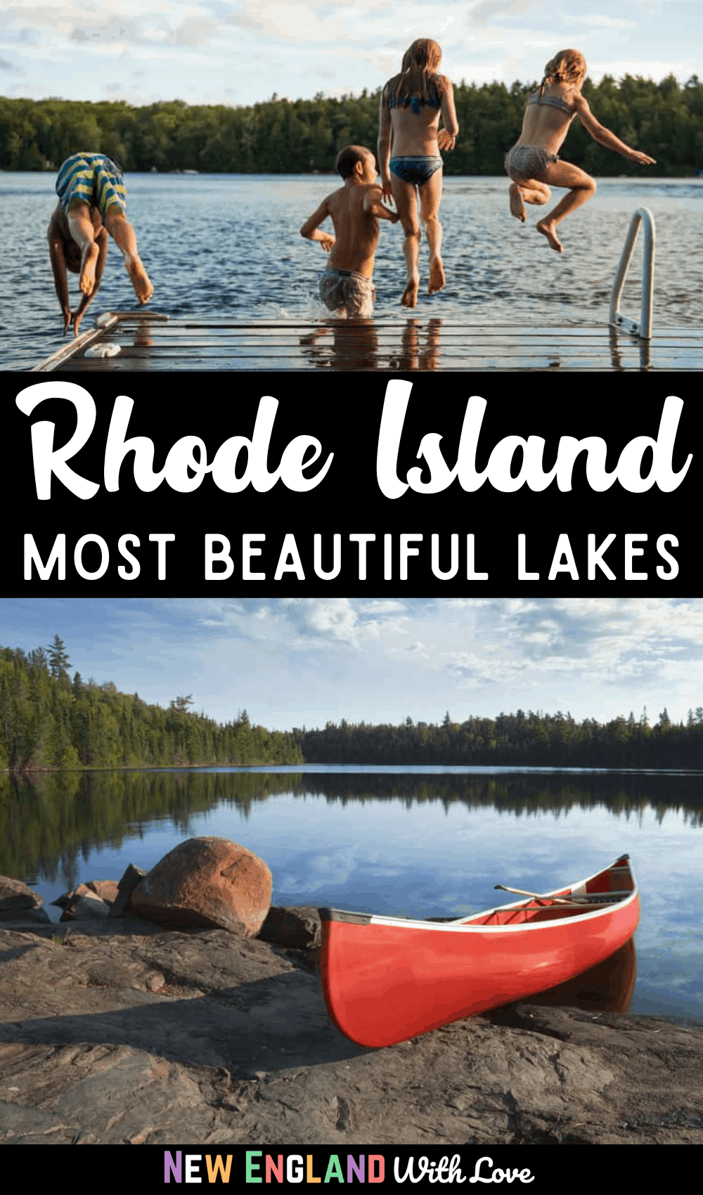 Pinterest graphic reading "Rhode Island Most Beautiful Lakes"