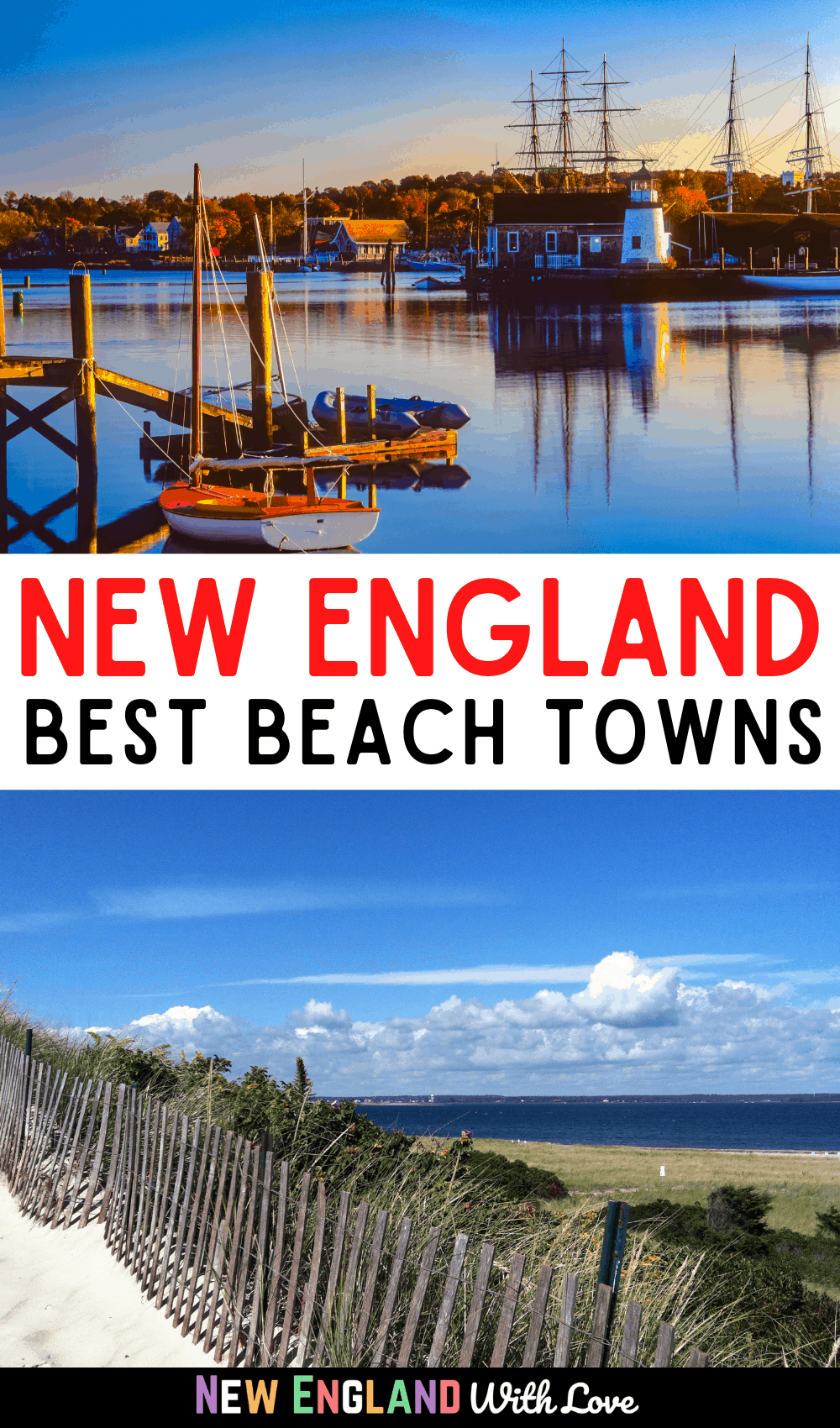 Pinterest graphic reading NEW ENGLAND BEST BEACH TOWNS