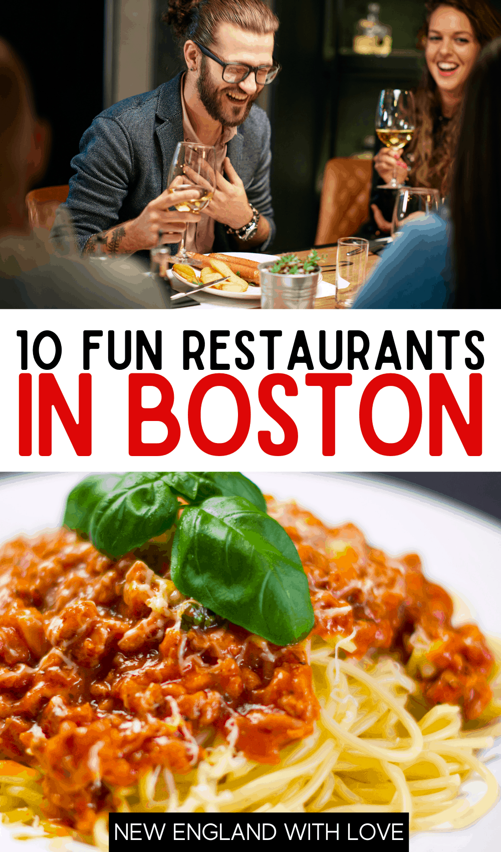 Pinterest graphic reading "10 Fun Restaurants in Boston" with a closeup of food on a plate