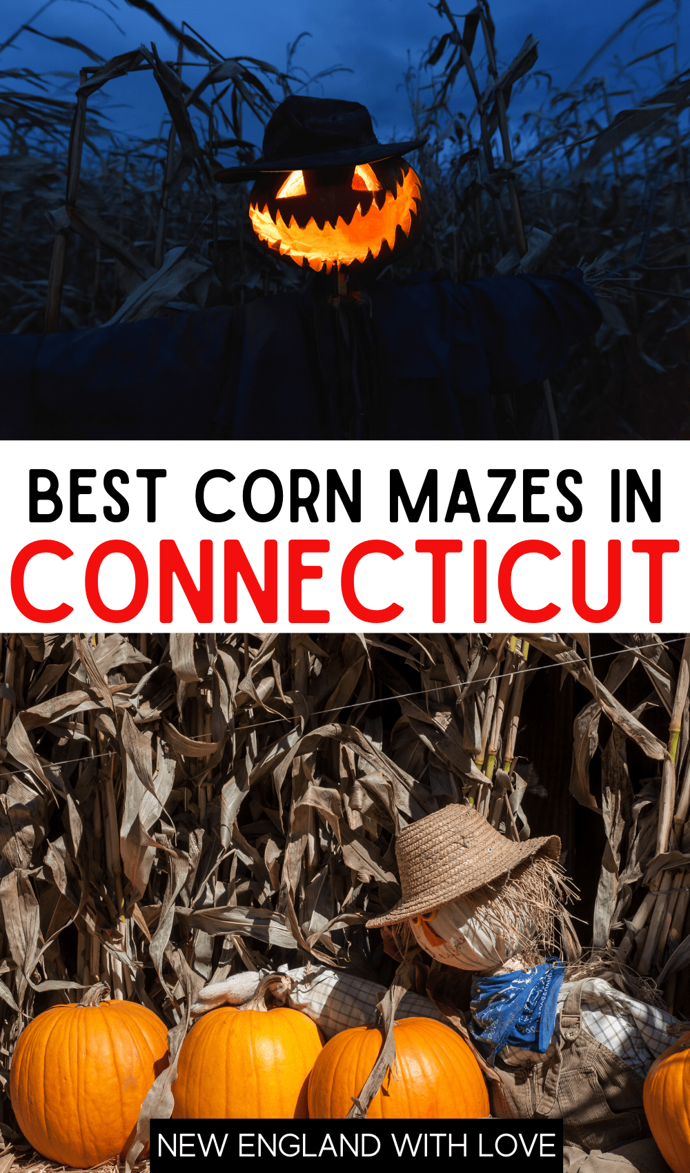 Pinterest graphic reading "BEST CORN MAZES IN CONNECTICUT"