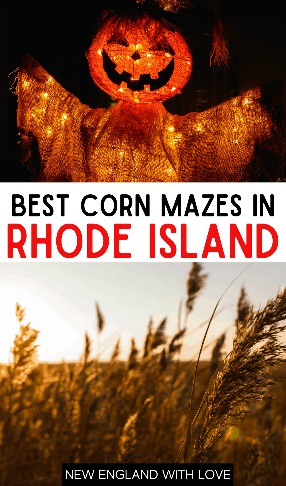 Pinterest graphic reading "BEST CORN MAZES IN RHODE ISLAND"