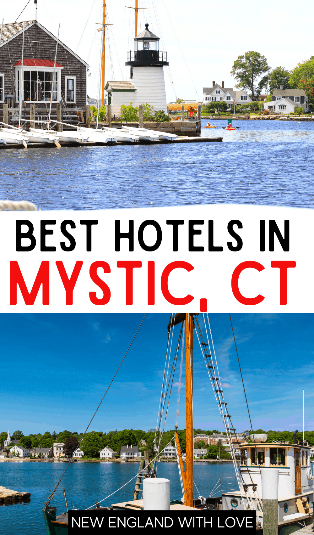 Pinterest graphic reading "BEST HOTELS IN MYSTIC, CT"