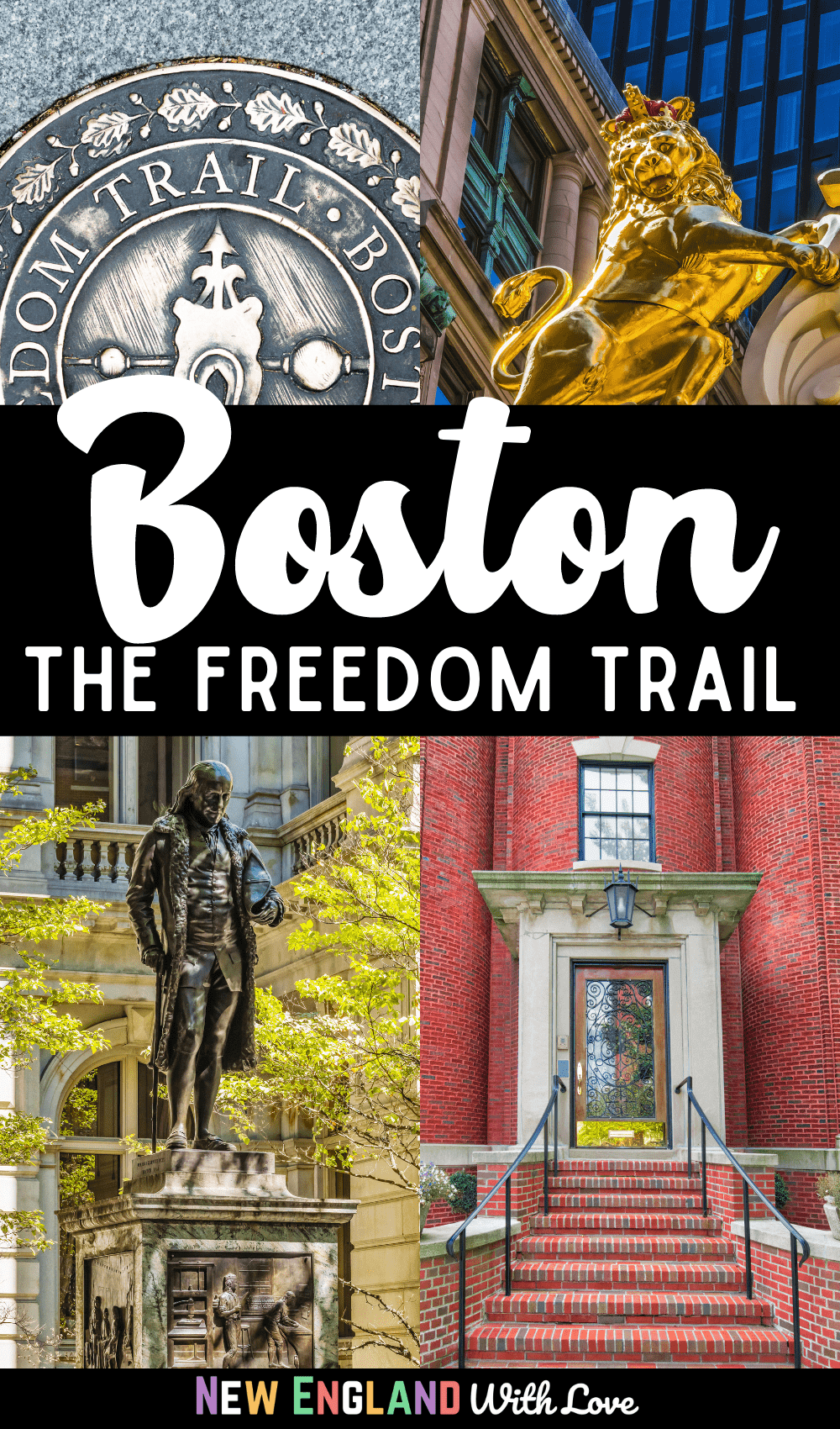 Pinterest graphic reading "Boston The Freedom Trail" with a statute and a door in the bottom of the graphic