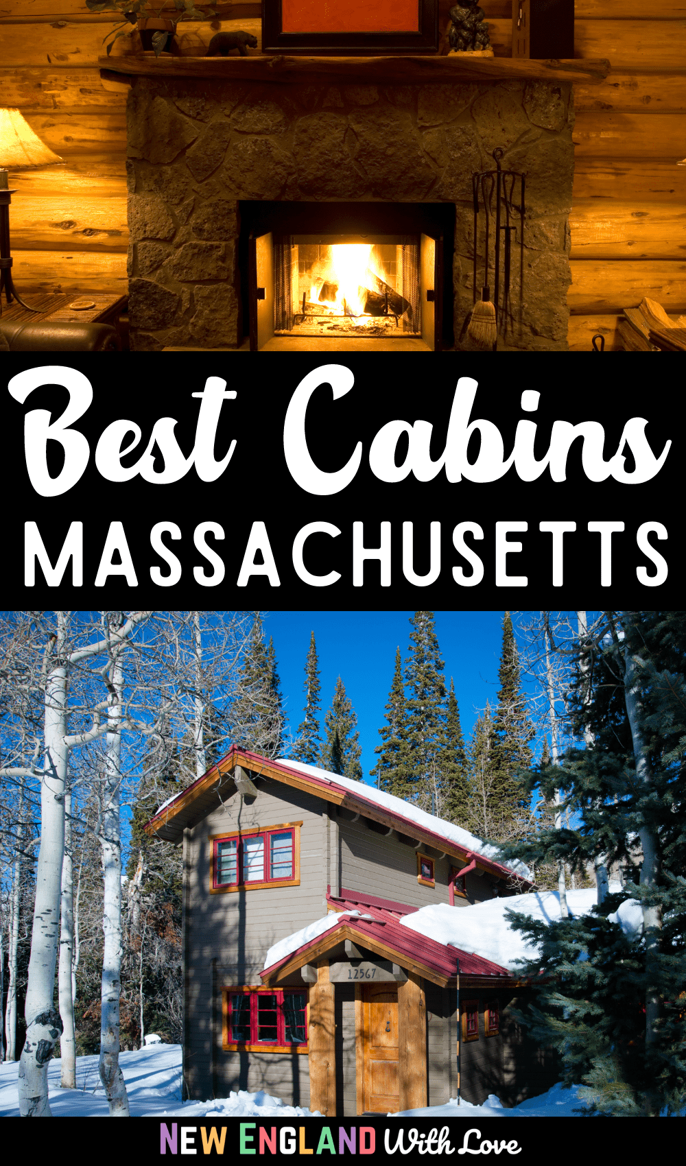 A Pinterest graphic reading "Best Cabins Massachusetts"