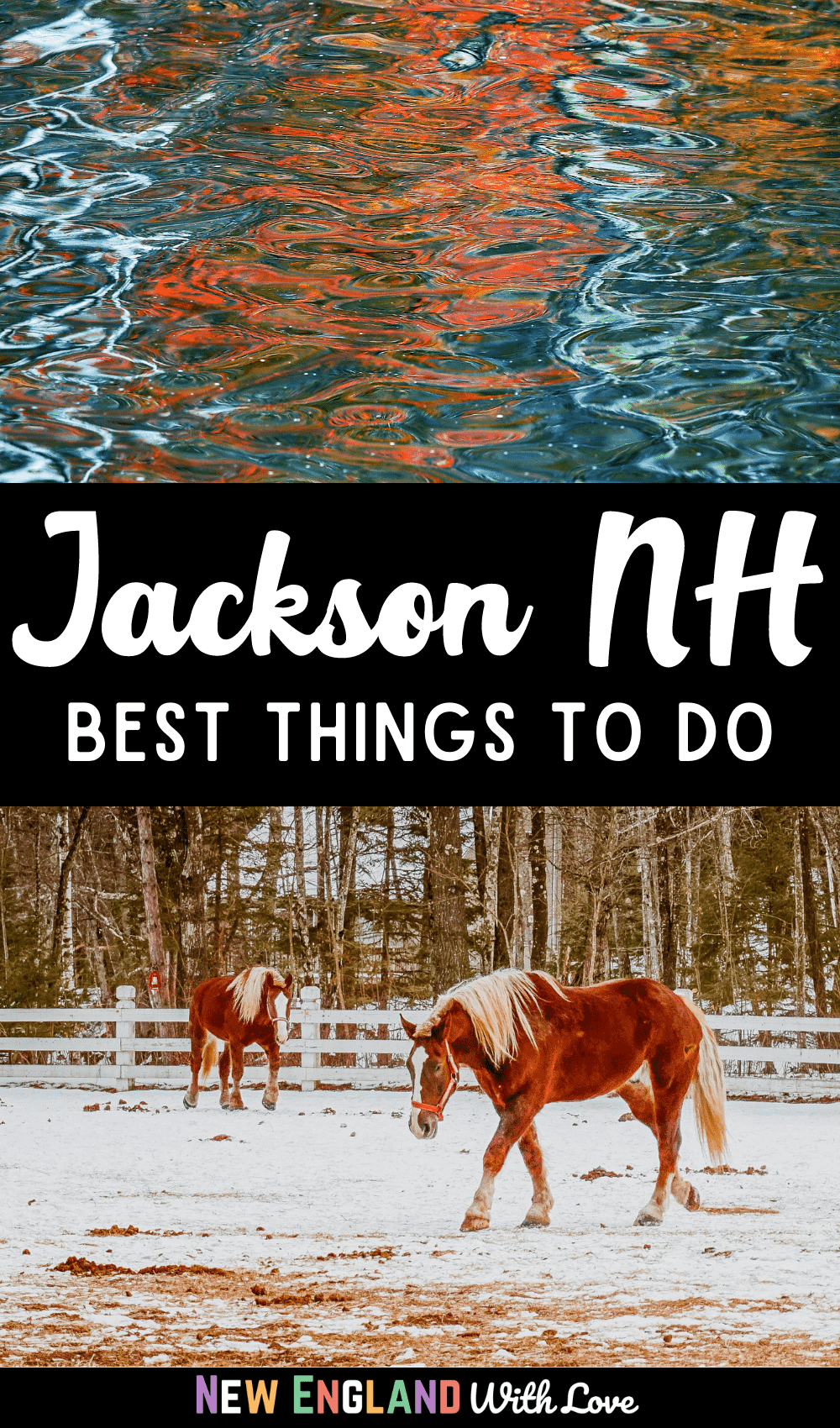 PInterest graphic reading "Jackson NH Best Things To Do" with picture of 2 horses in the snow on the bottom of graphic