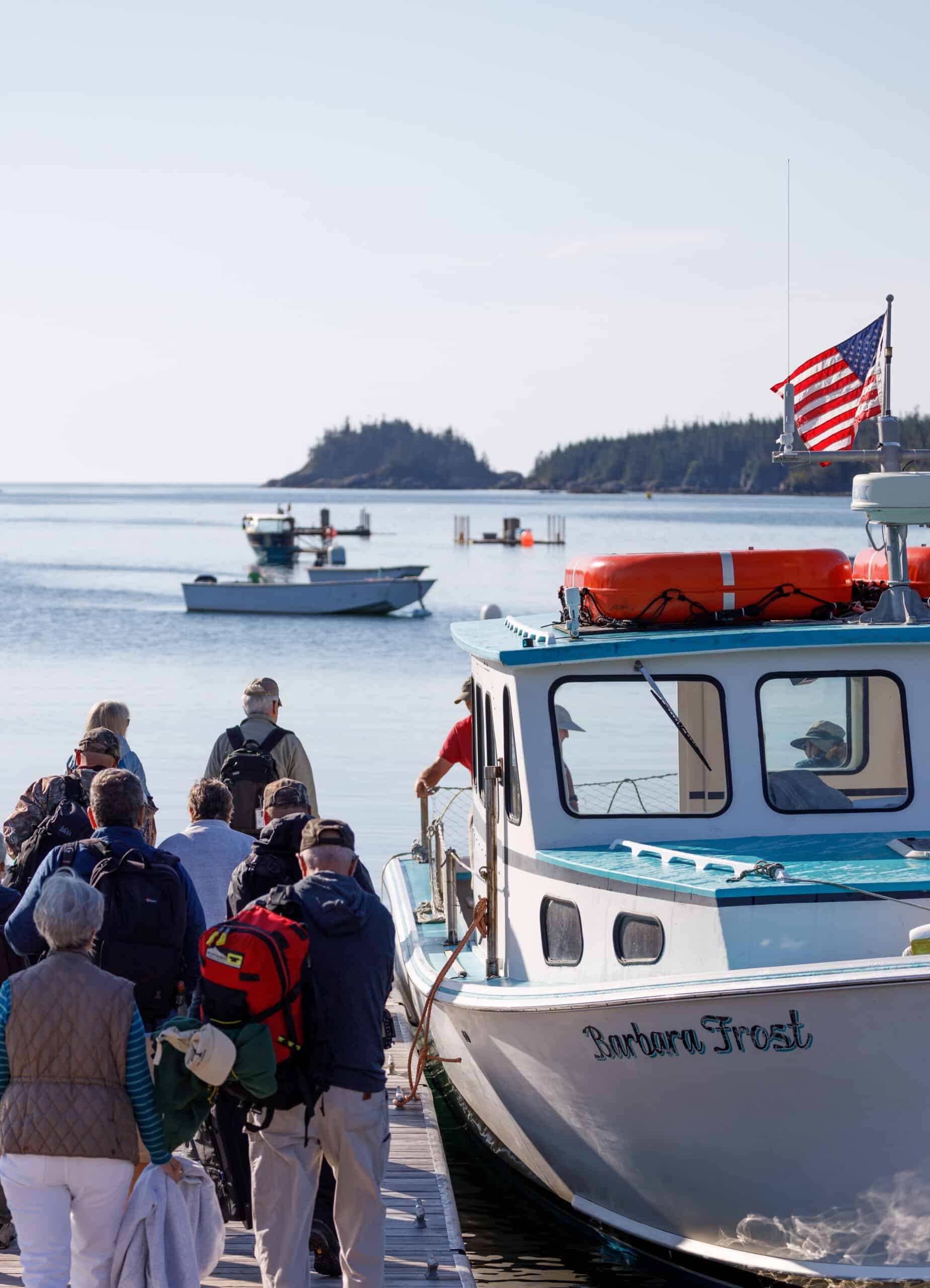People standing in line to board a boat for a puffin tour in Maine; other boats are out in the ocean beyond under a pale blue sky