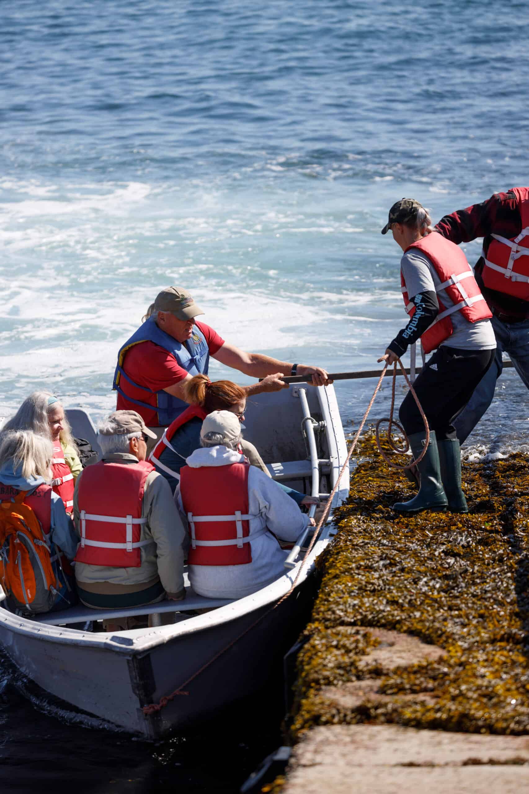 People working to anchor a small boat to board a Maine island; everyone is wearing lifejackets and the ocean can be seen behind them