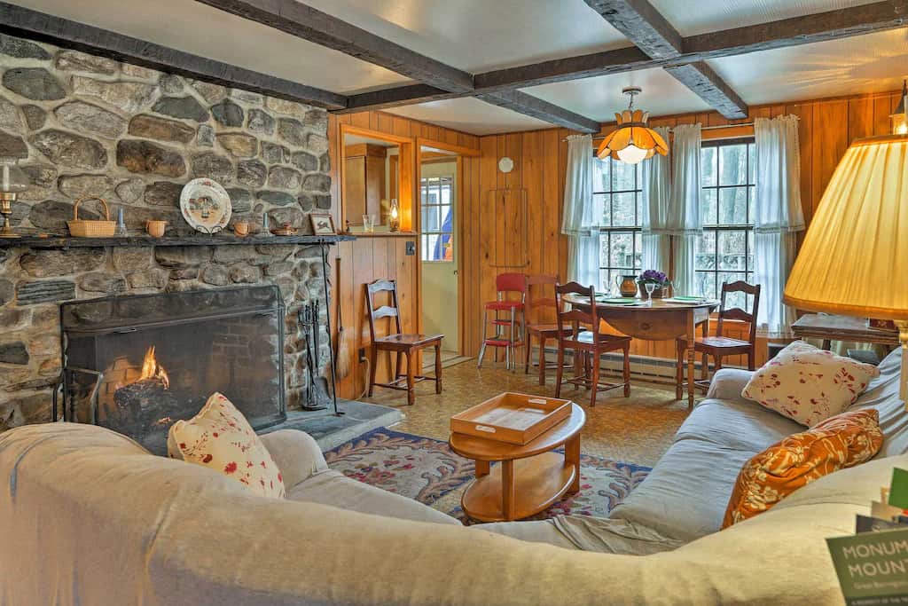 interior of a log home with a fireplace