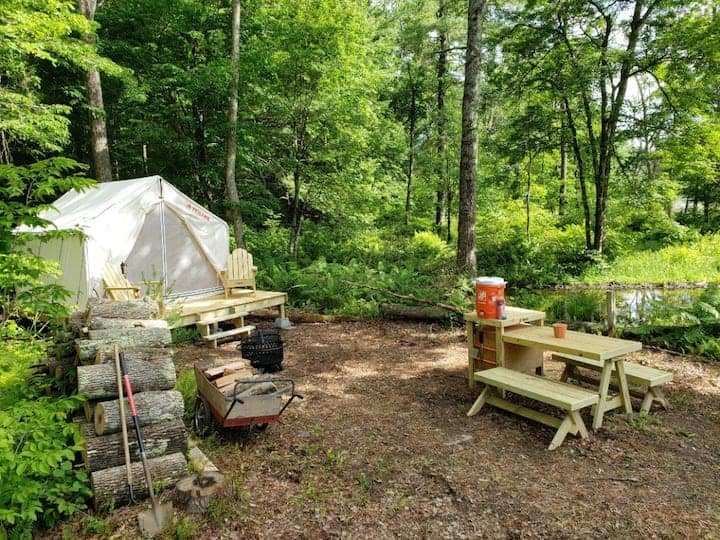 White tent surrounded by a forest at a campsite.