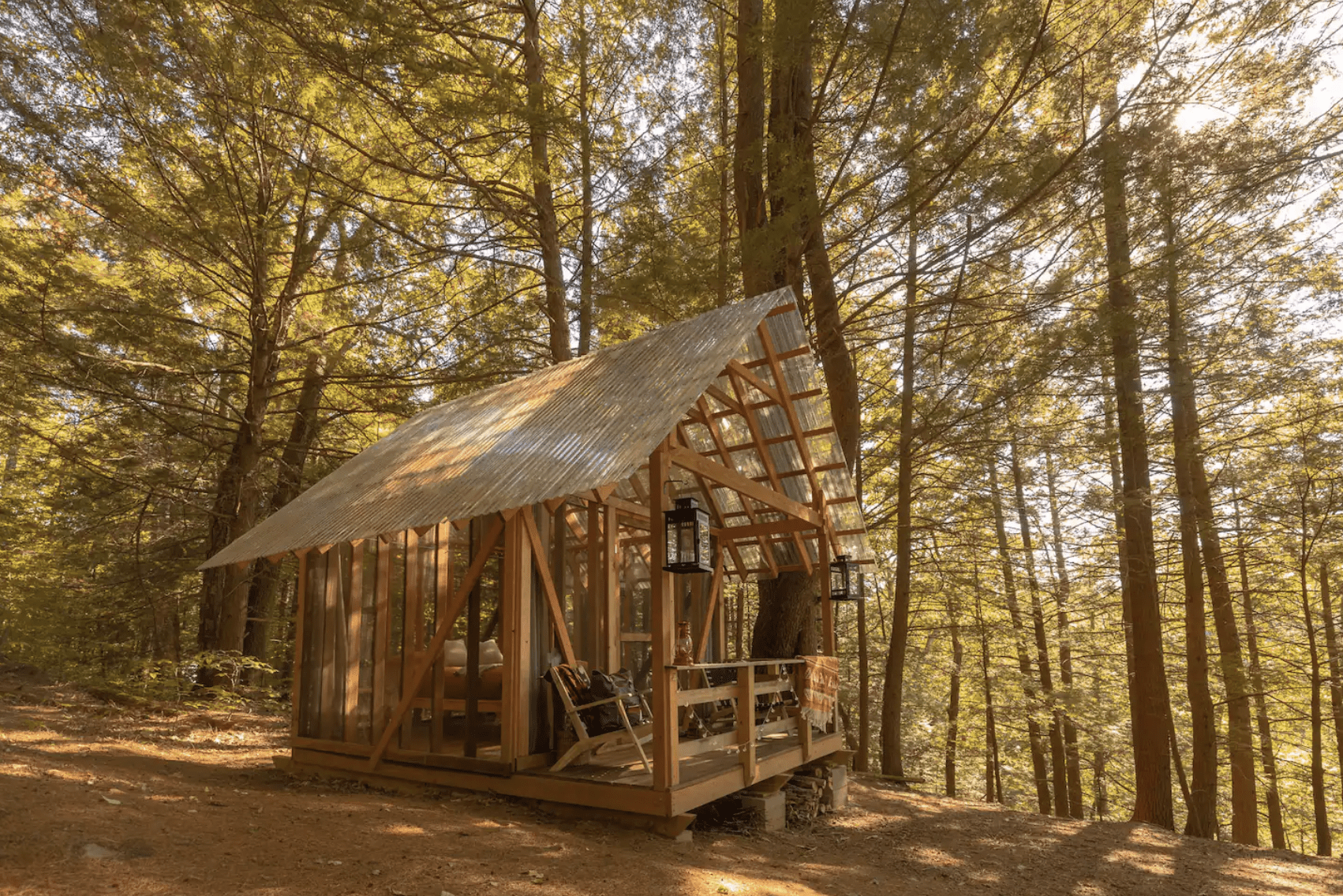 Nature cabin with clear roof in the forest.