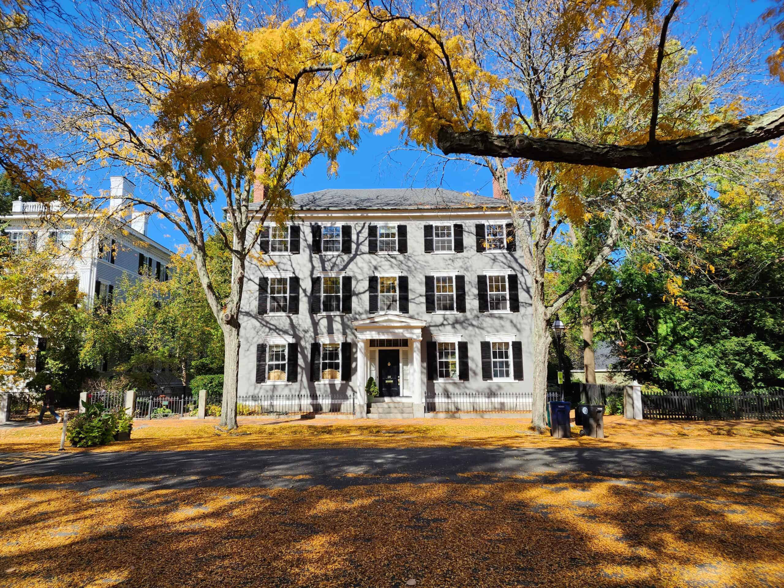 majestic 2 story colonial home set on a street covered with fallen golden leaves