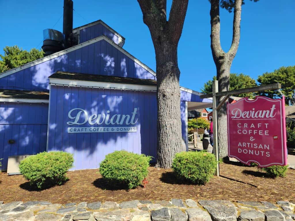 A blue building houses one of the top donut shops in CT with trees and shrubs surrounding and a pink sign