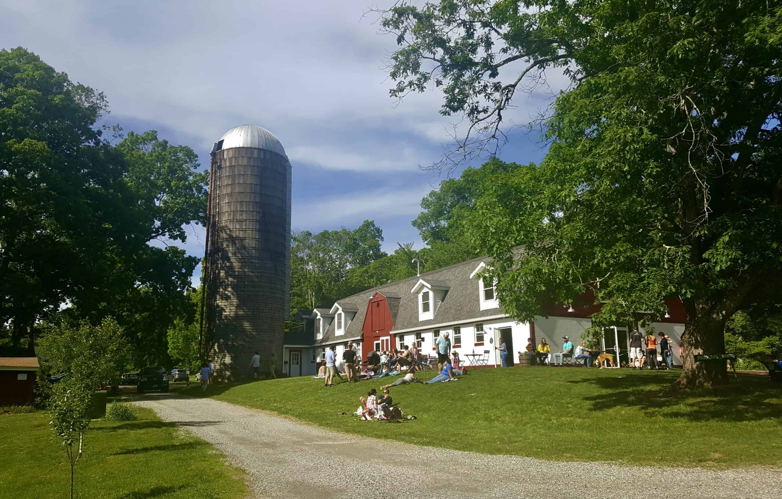 A craft brewery in Connecticut is located in the country on a sunny day with people sitting on the green grass, surrounded by trees