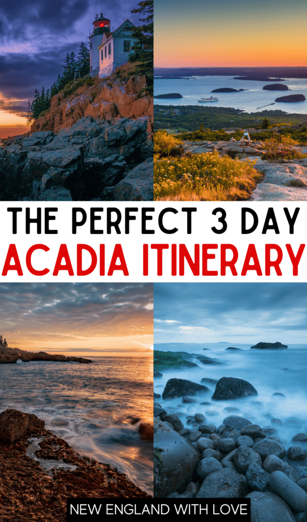 pinnable image that reads "the perfect 3 day acadia itinerary" in front of a grid of 4 sunset photos of acadia maine scenery