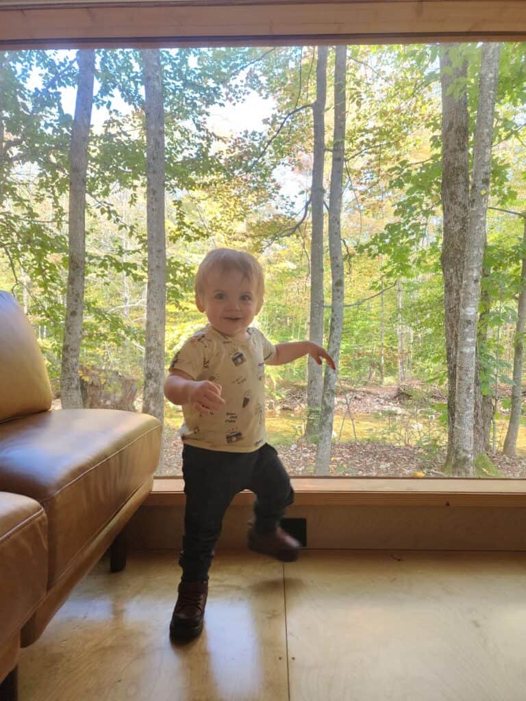 A smiling toddler stands in front of a window with fall foliage beyond 