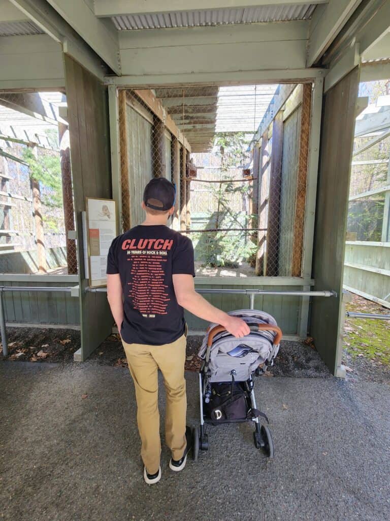 a man stands next to a grey stroller looking away from the camera toward a fenced in bird enclosure
