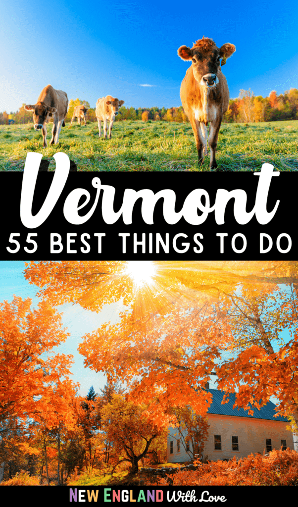 pinterest graphic of things to do in vermont featuring title text and images of cows in a field and colorful fall leaves