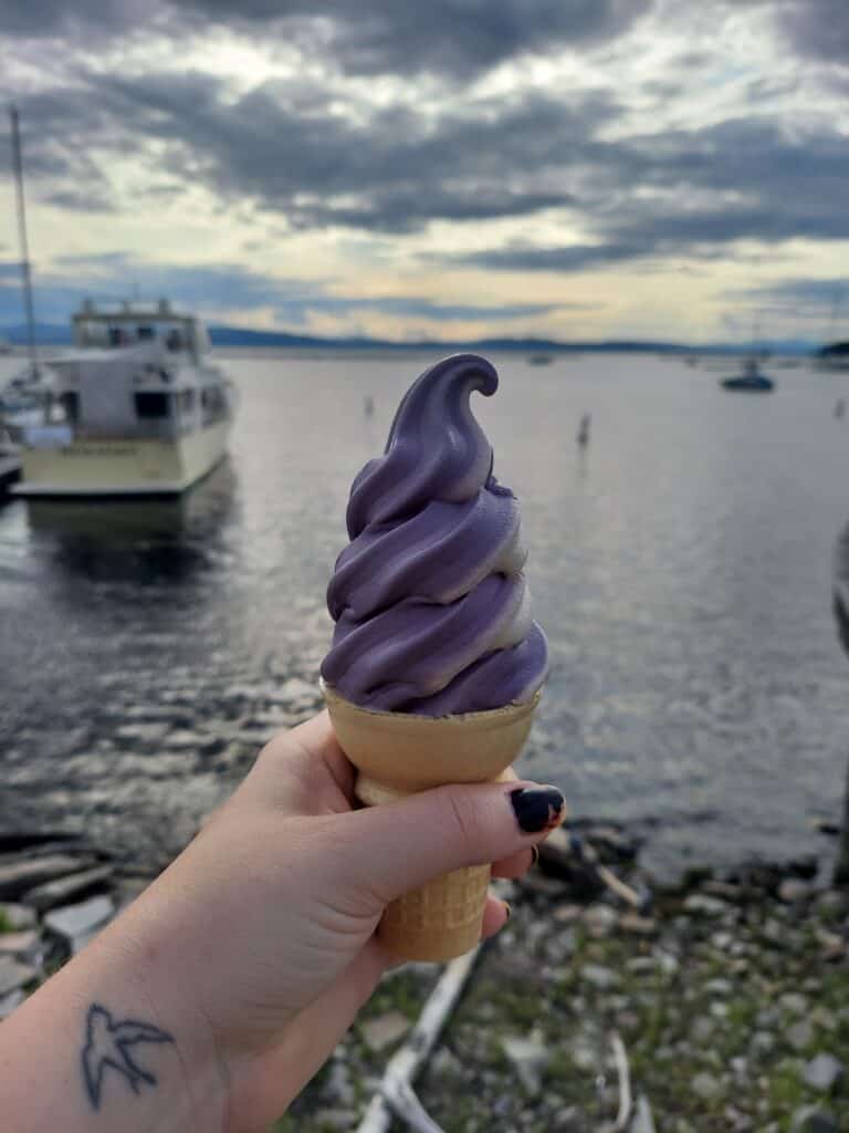 a purple soft serve ice cream cone is held in focus while a cloudy day on a lake is blurred behind