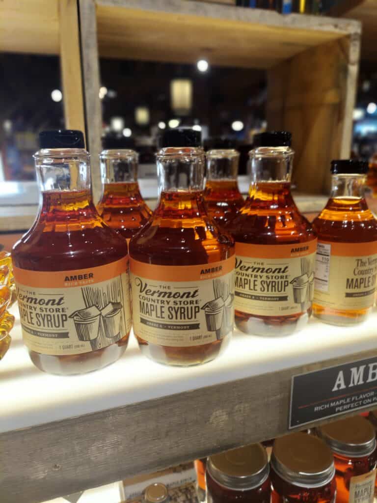 bottles of Vermont maple syrup on a country store shelf