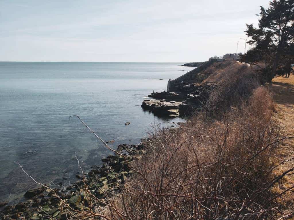 The coast of Newport's Cliff Walk as seen in the winter