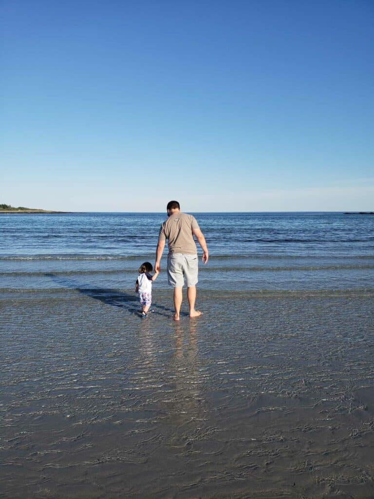 A man and toddler walk towards the ocean's edge