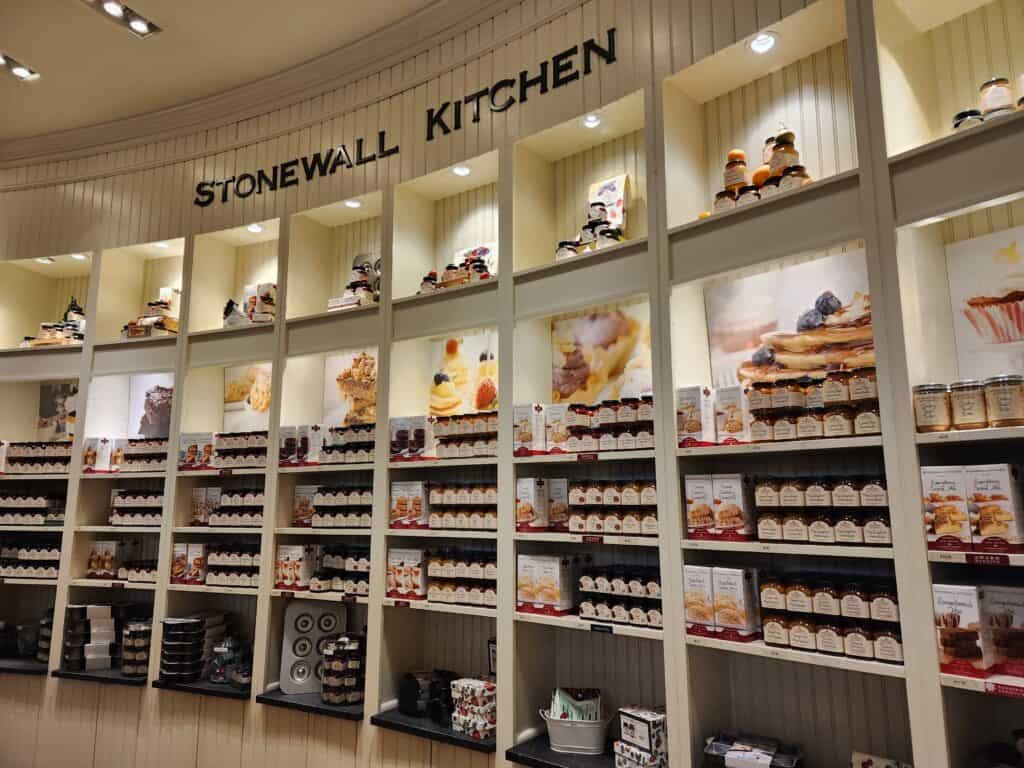 Jars of jams and sauces line the shelves at Stonewall Kitchen Company Store in York, Maine