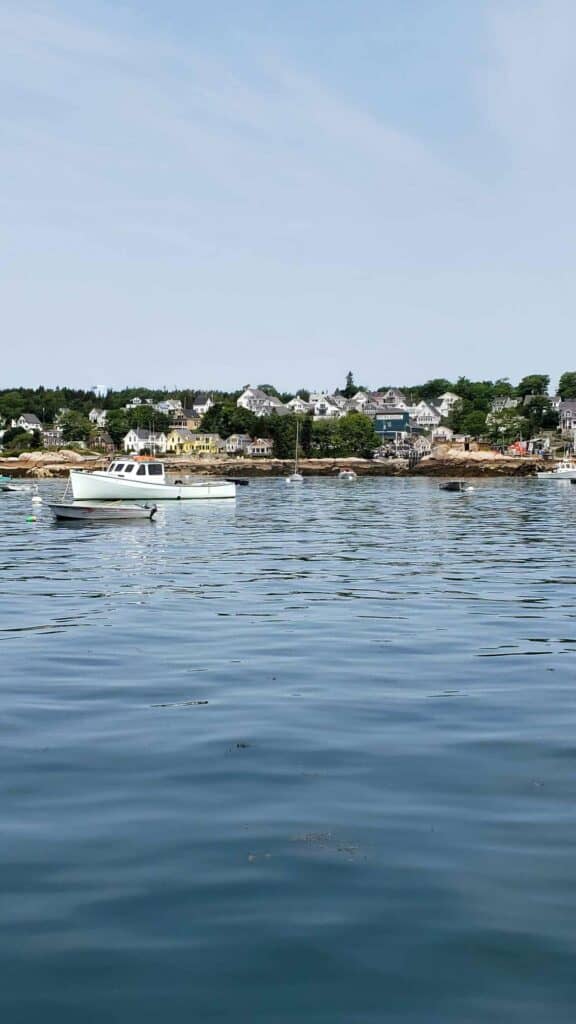 A harbor in Stonington, Maine with boats on the water