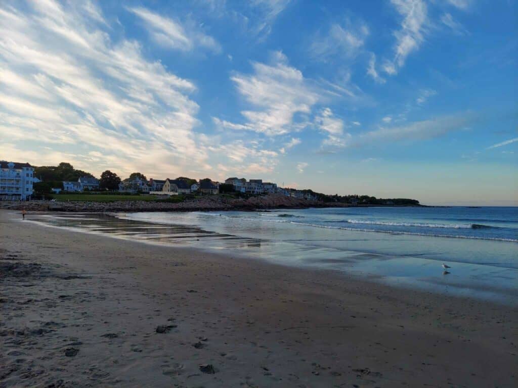 A sandy shoreline of beach in York, Maine