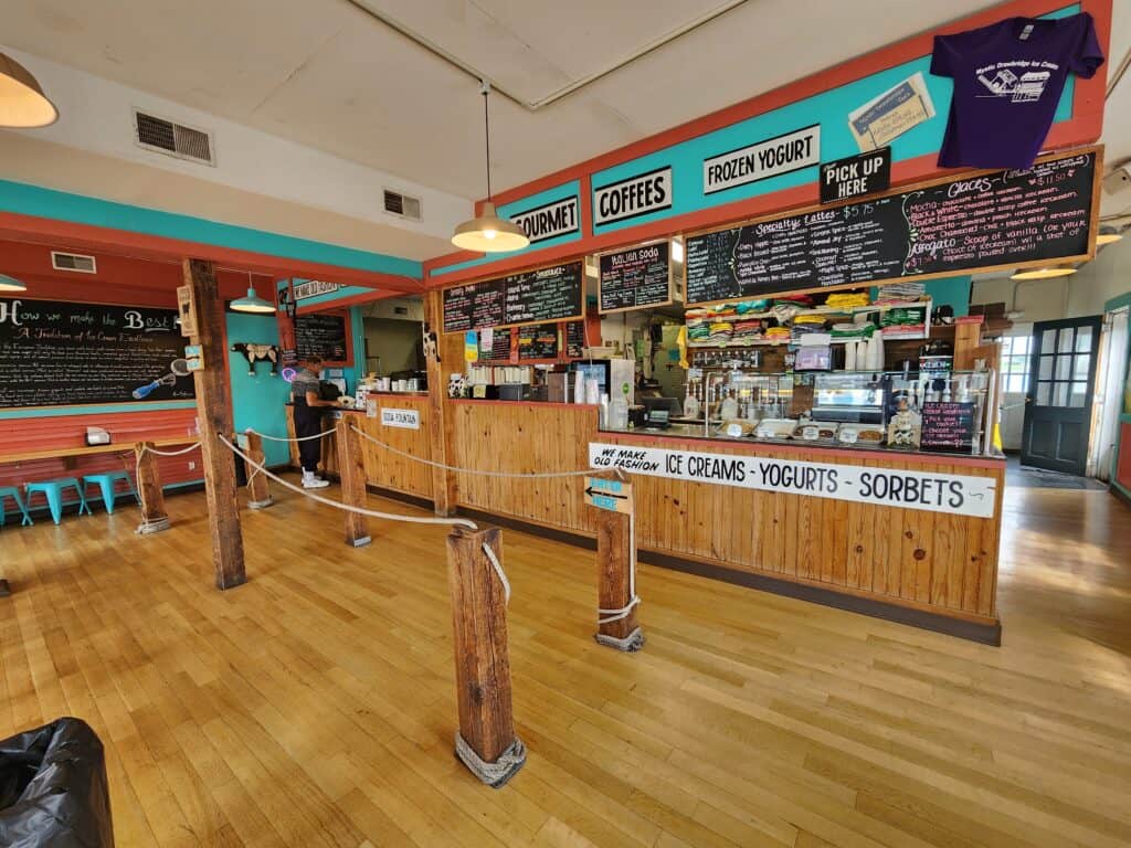 interior of a colorful ice cream shop