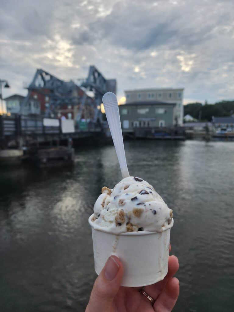 a cup of cookie dough ice cream is held up in front of a river