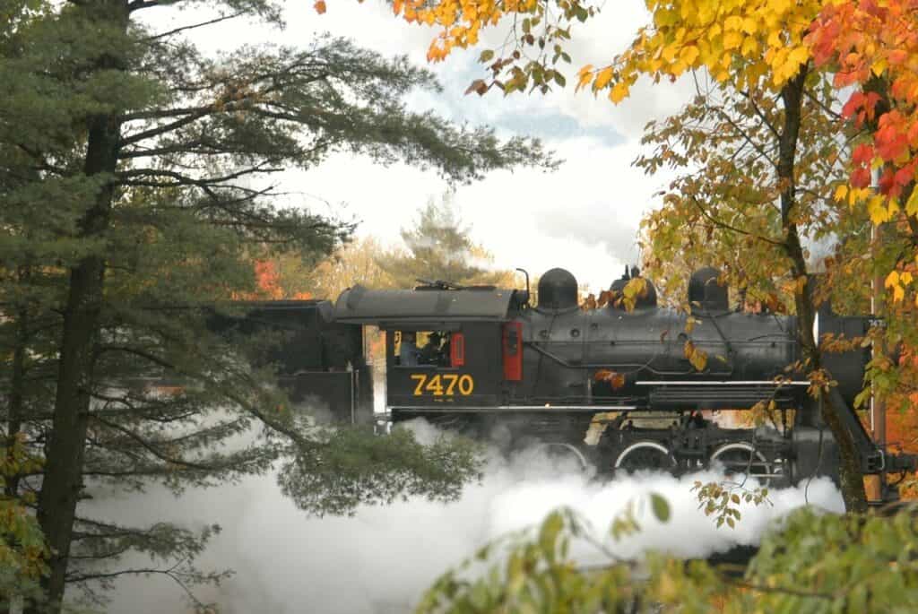 a vintage black steam train chugs by through an opening in fall foliage