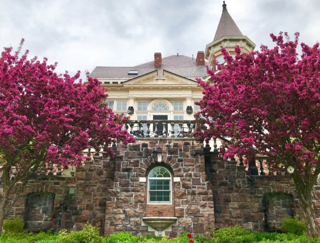 An historic stone mansion surrounded by beautiful flowering trees