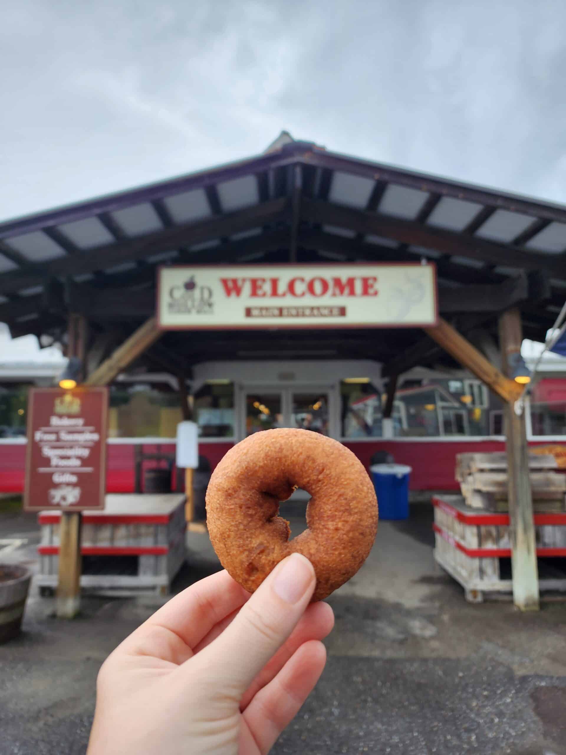 This image shows a hand holding a freshly baked donut in the foreground, while in the background, there is a wooden entrance to a building with a sign that reads "Welcome" and "Cold Hollow Cider Mill." The scene appears to be outside a bakery or cider mill, with rustic decor and a sign indicating food and drinks are available inside. The donut is the focal point of the image