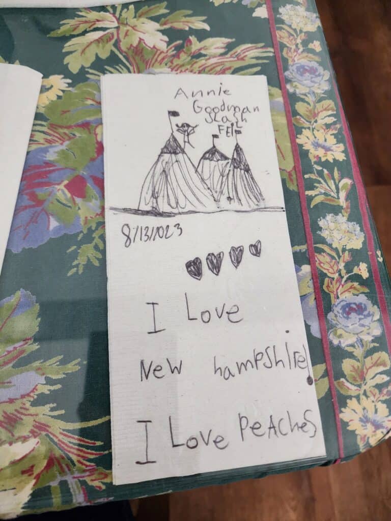 a napkin with a child's drawing and the words I love New Hampshire I love peaches