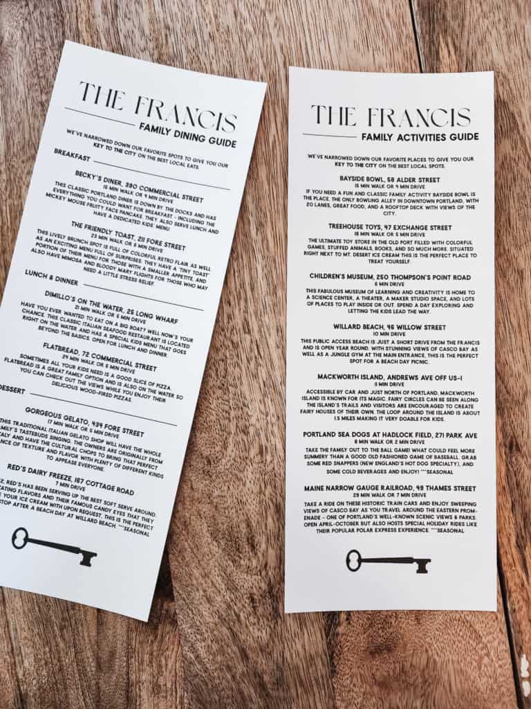 an image of two information guides offered by a hotel featuring a list of activities and restaurants