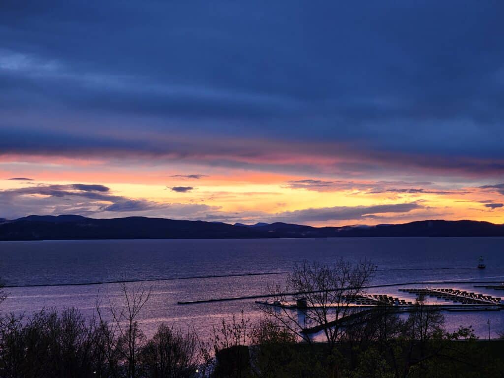 A sunset over Lake Champlain in Burlington, Vermont