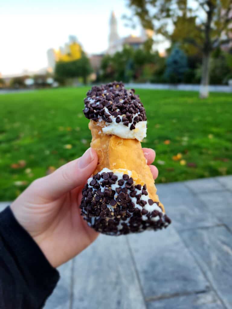 A crispy shelled cannoli from Mike's Pastry in Boston, Massachusetts