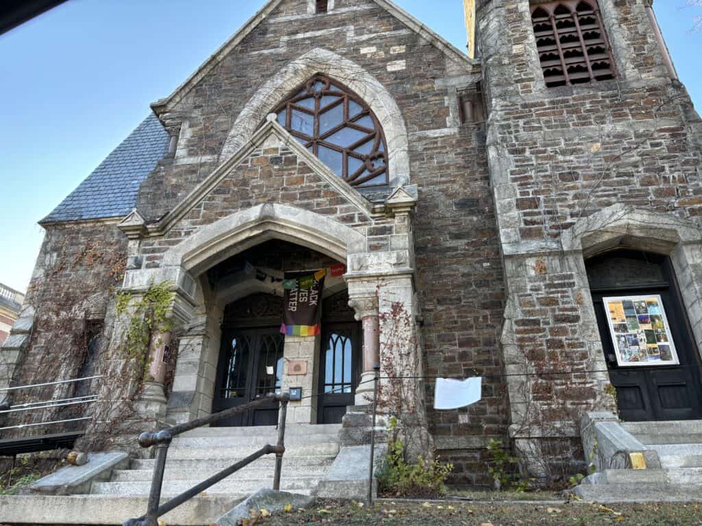 The exterior of a stone church that is now a music venue in Brattleboro, Vermont