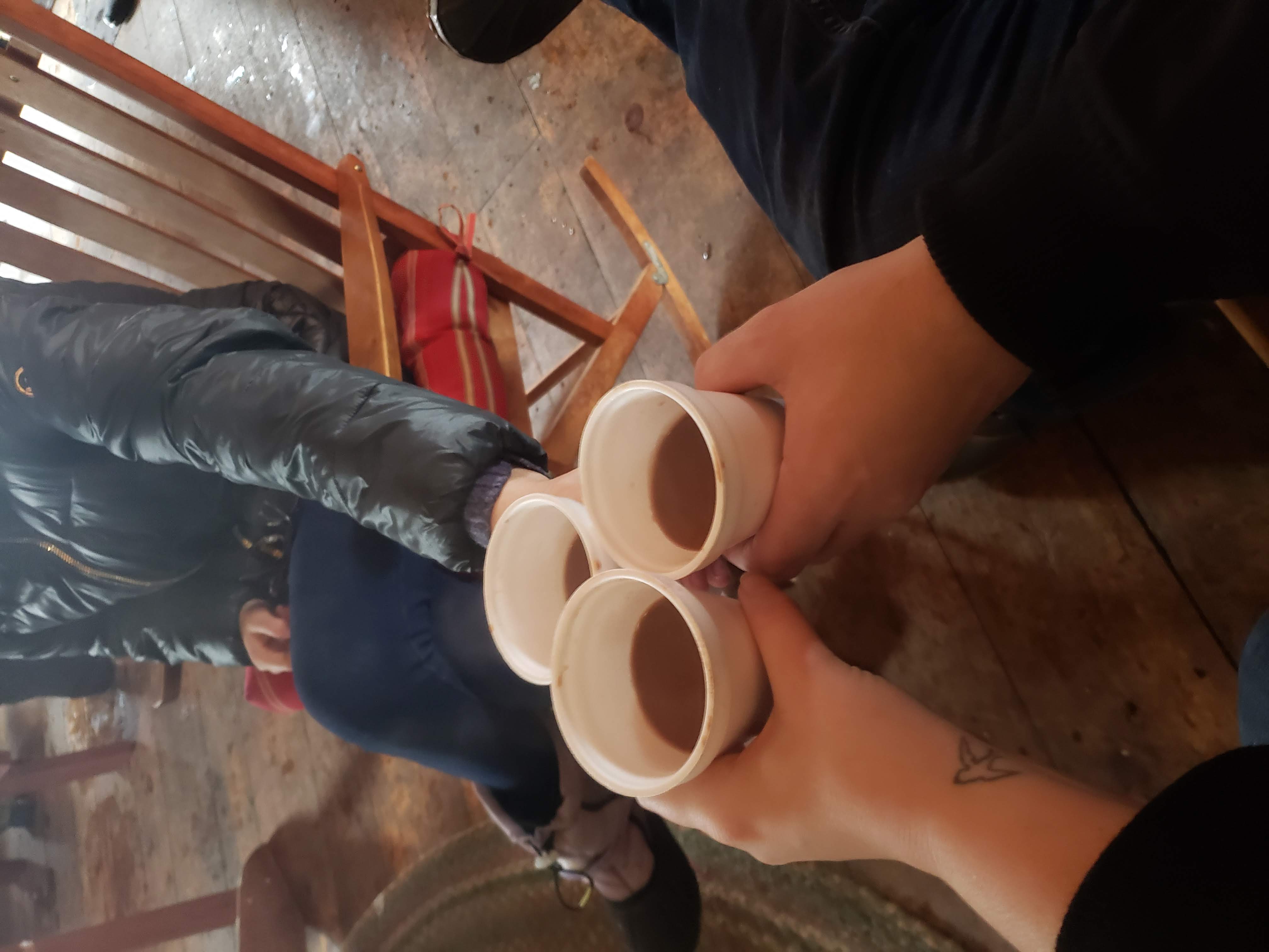 3 hands holding cups of hot chocolate