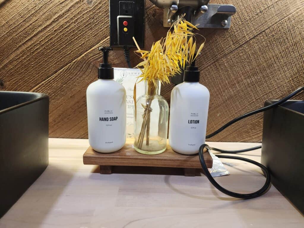 image of a bottle of hand soap and bottle of lotion next to a decorative yellow plant. these are sitting on a bathroom counter