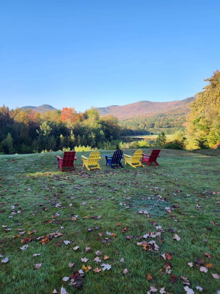 a row of colorful Adirondack chairs on a lush lawn, facing a picturesque view of a mountain range in the distance. The mountains are adorned with the hues of autumn foliage, and the foreground is sprinkled with fallen leaves, suggesting a crisp fall morning