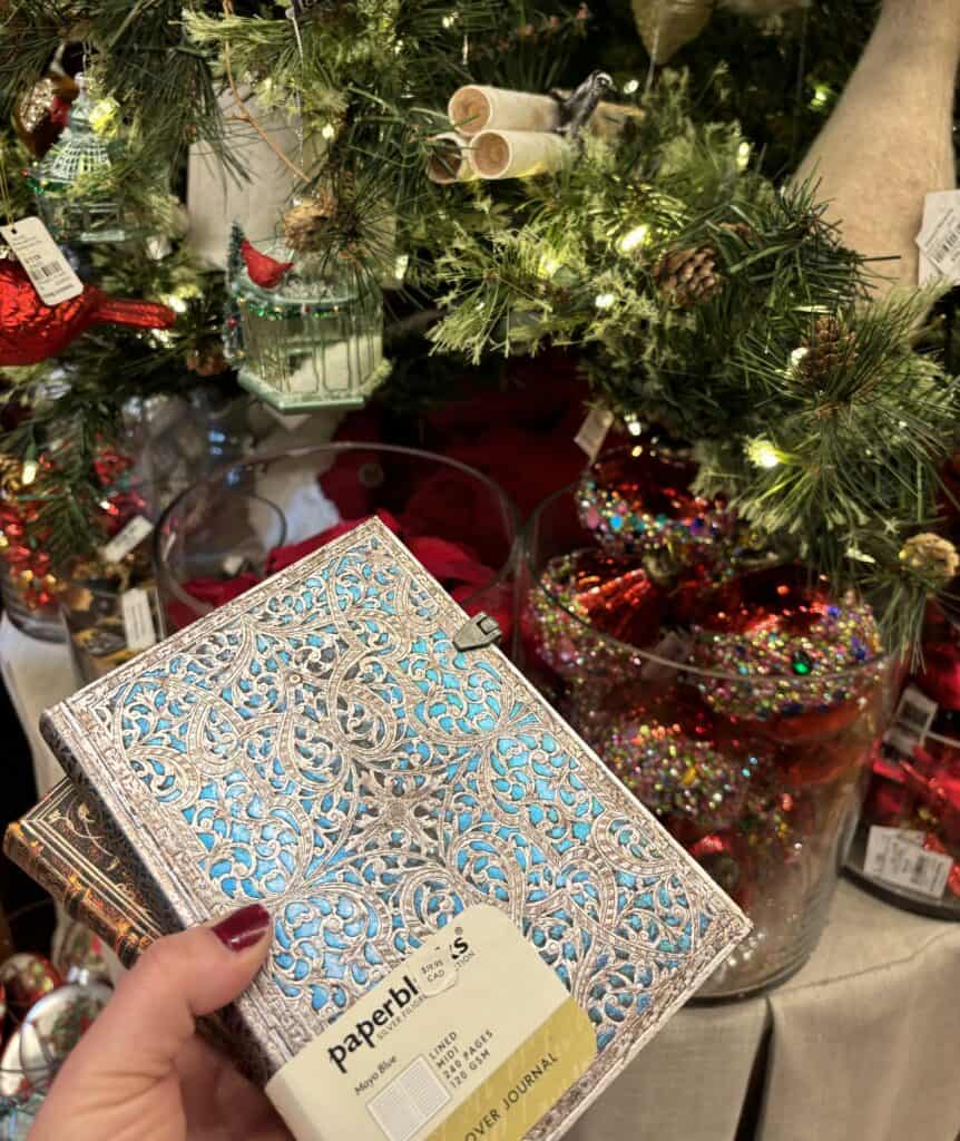A hand holding journals in front of a Christmas tree